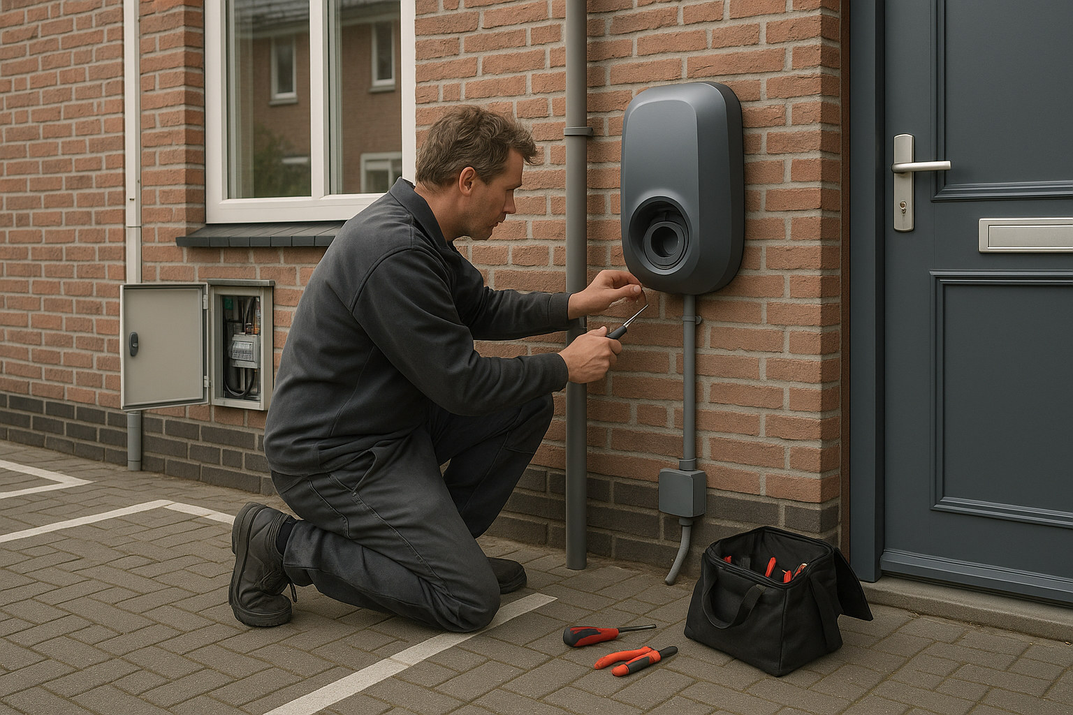 Installateur monteert een laadpaal bij een Nederlandse woning, gereedschap en bedrading zichtbaar