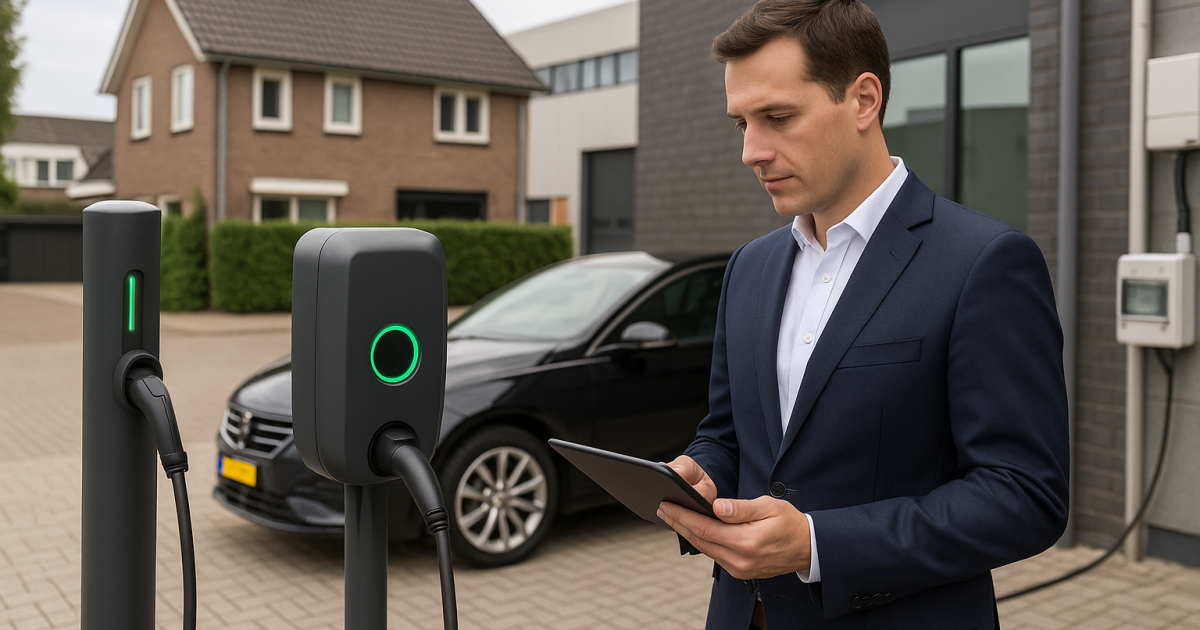 Peblar-laadpaal bij bedrijfspand en NexBlue Edge Max in elektrische kast, installateur bespreekt installatie met facility manager.