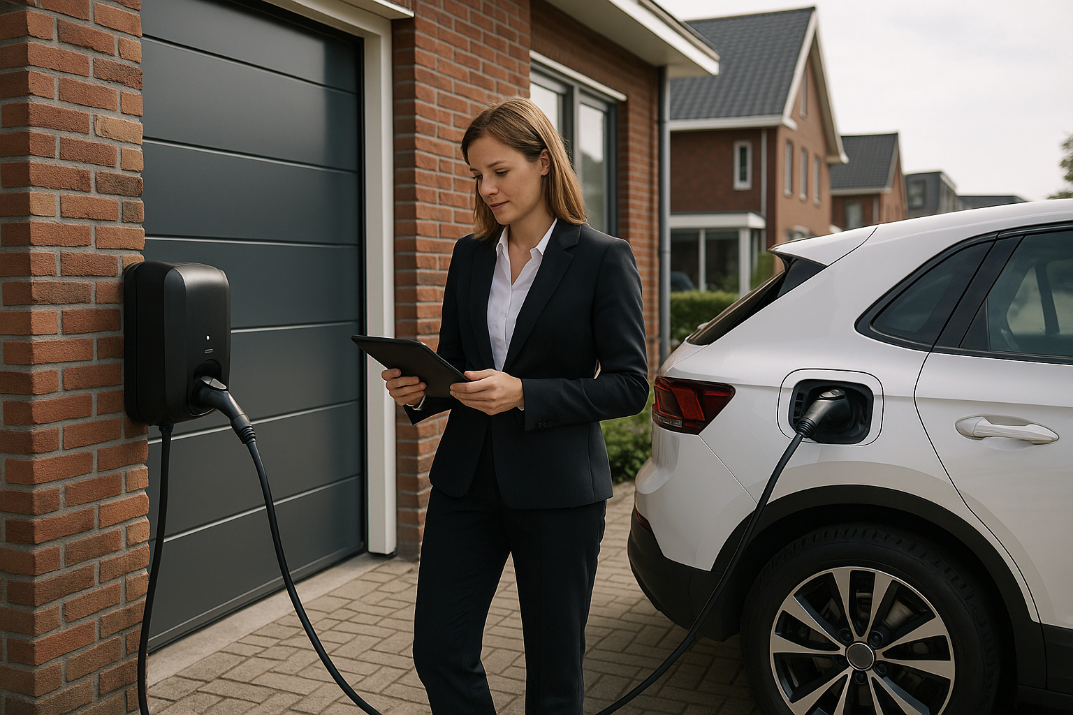 Huis met zonnepanelen, elektrische auto en laadpaal; pijlen tonen energie flows naar auto en naar net.