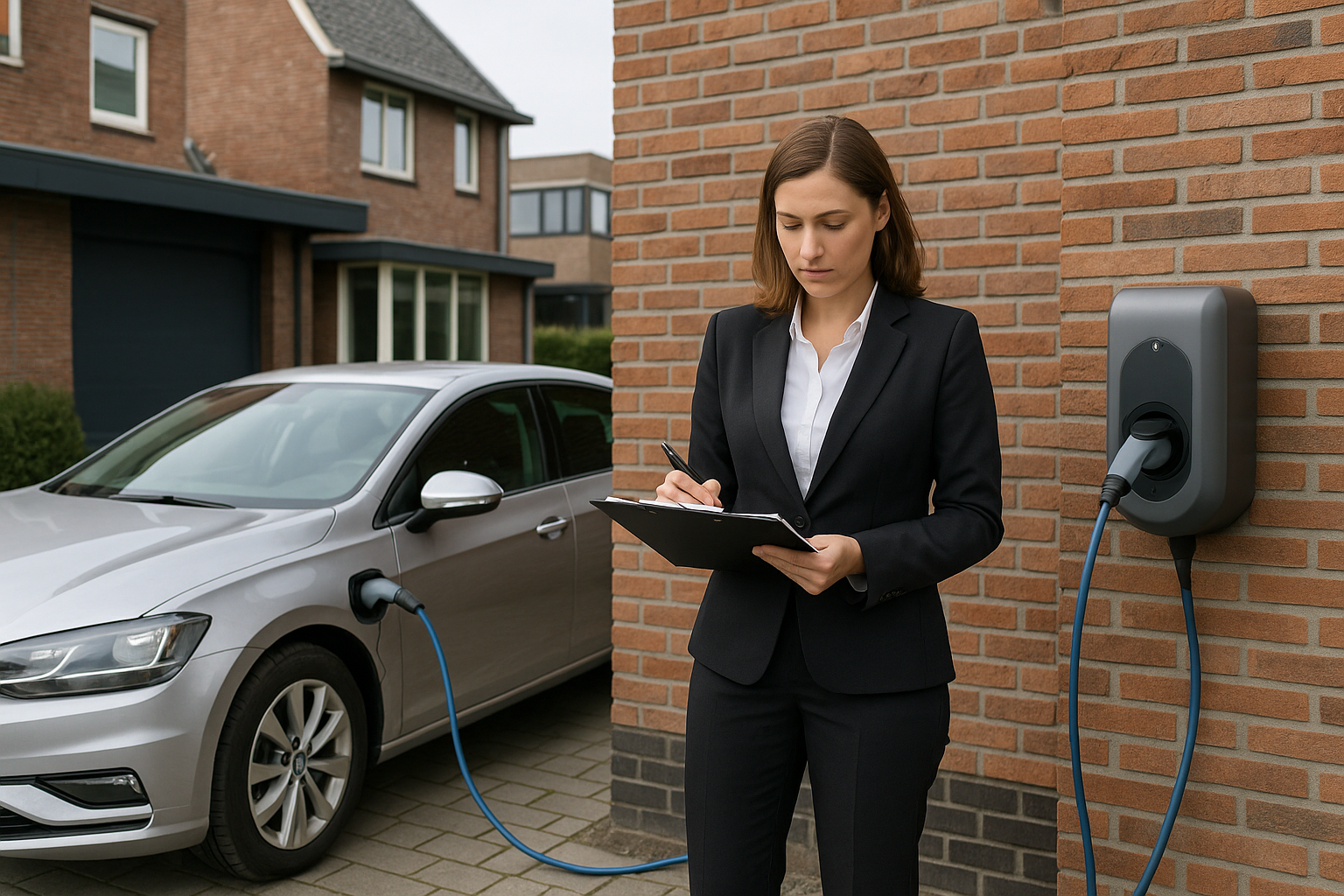 Installateur controleert groepenkast en laadpaal met kabels op oprit