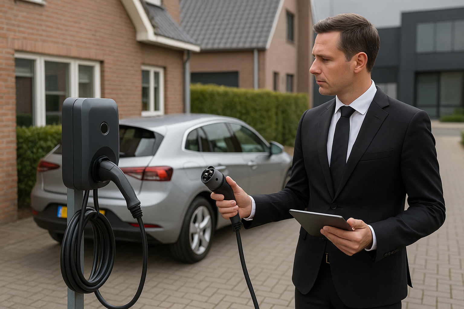 Vergelijking vaste kabel en wandcontact bij een woning, installateur wijst de laadpunten aan