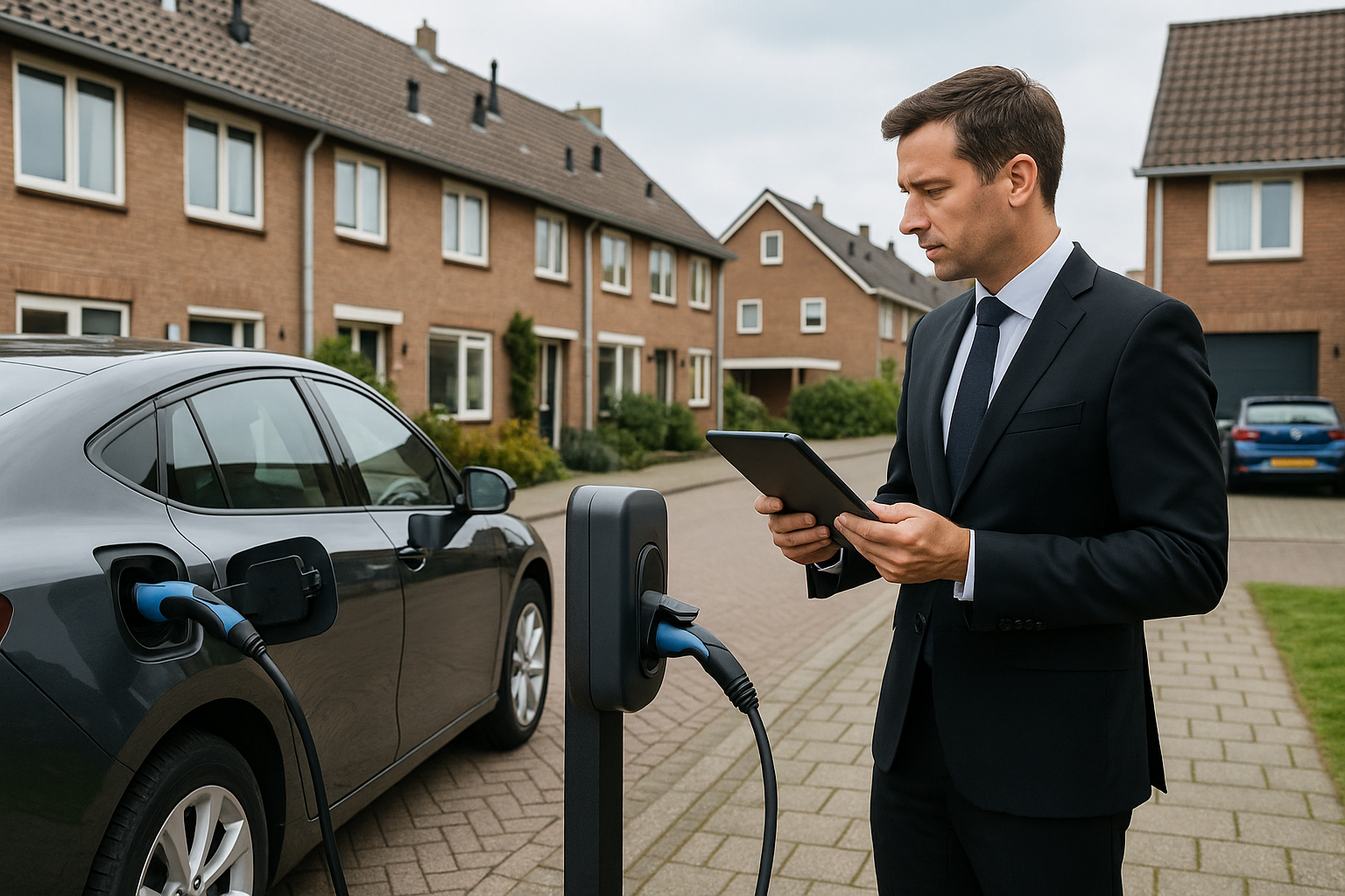 Rijtjeshuizen met meerdere laadpalen, centrale controller en verdeelkast; installateur legt uit.