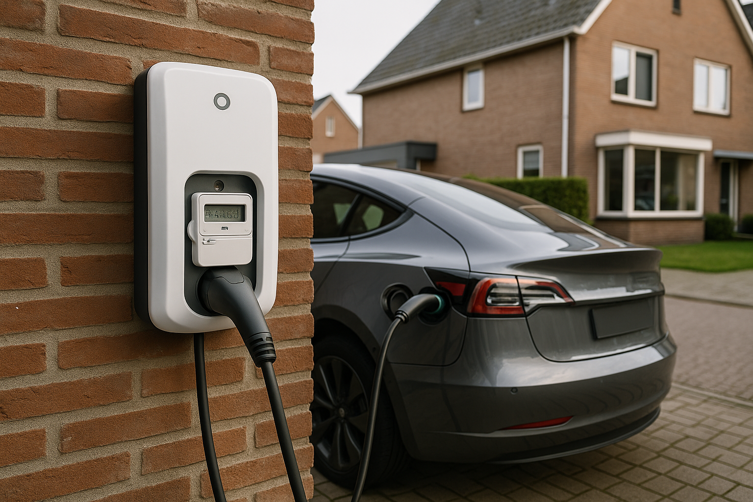 Installateur controleert meetpunt van laadpaal met zichtbare laadkabel en groepenkast