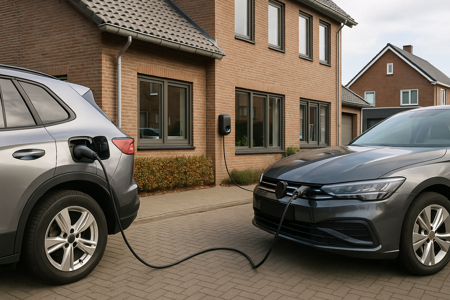 Twee elektrische auto's opgeladen aan Peblar-palen met zicht op laadkast en installatiemateriaal