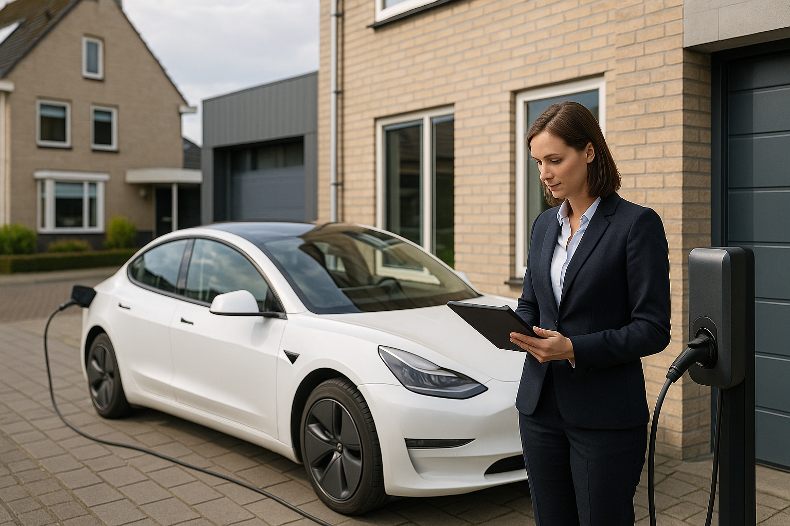 Installateur inspecteert meterkast en laadpaalmontageplek, bekijkt kabelroute en paallocatie