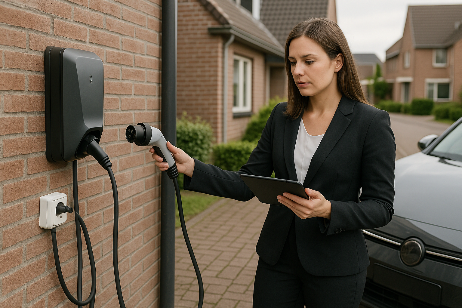 Oprit bij huis met laadpaal met vaste kabel en muurdoos met losse laadkabel, kabelbeheer zichtbaar