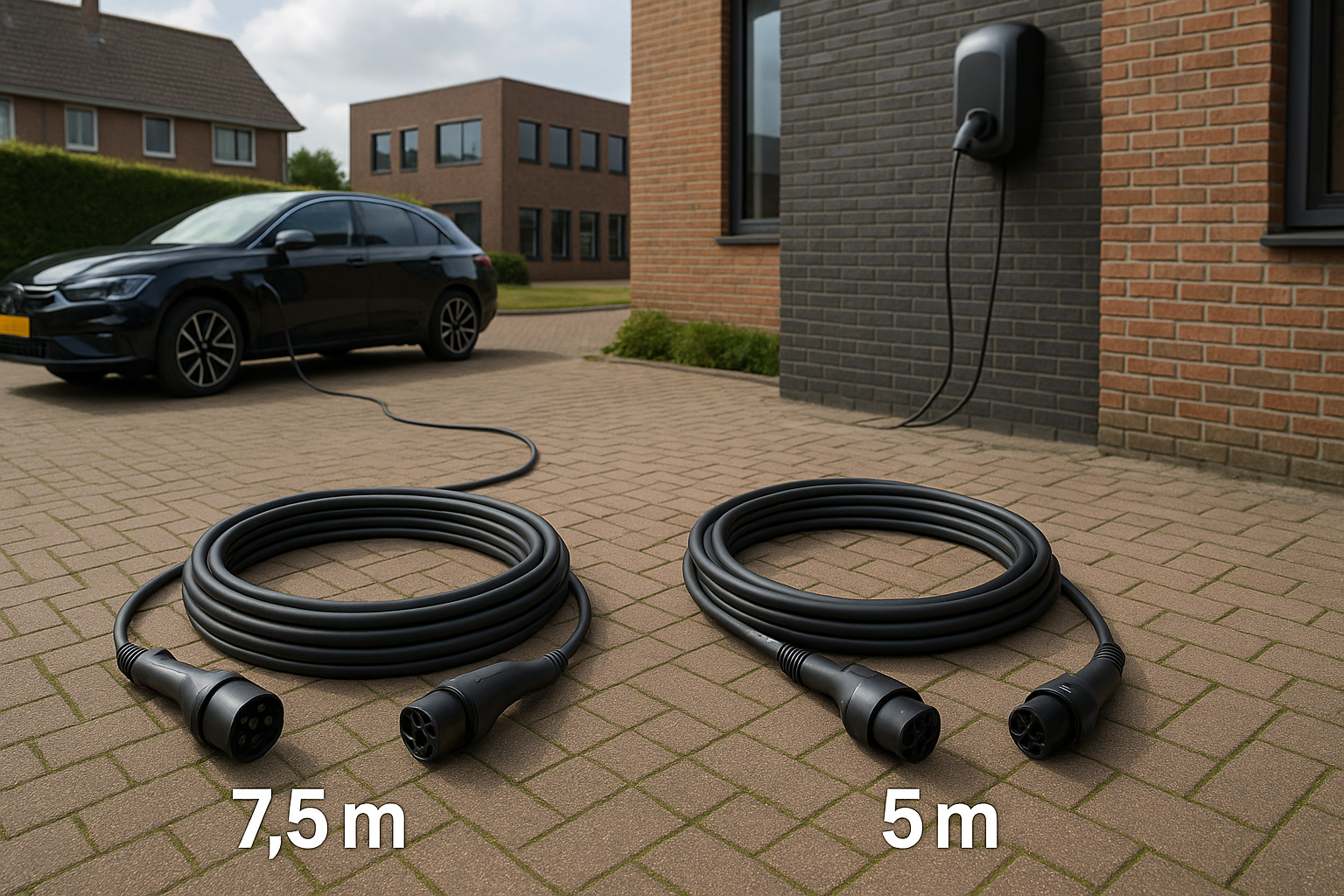 Twee zakelijke laadpunten met Peblar-laadsnoeren, één met 7,5 m kabel en één met 5 m, getoond op parkeerplekken met kabelhaken en paal.