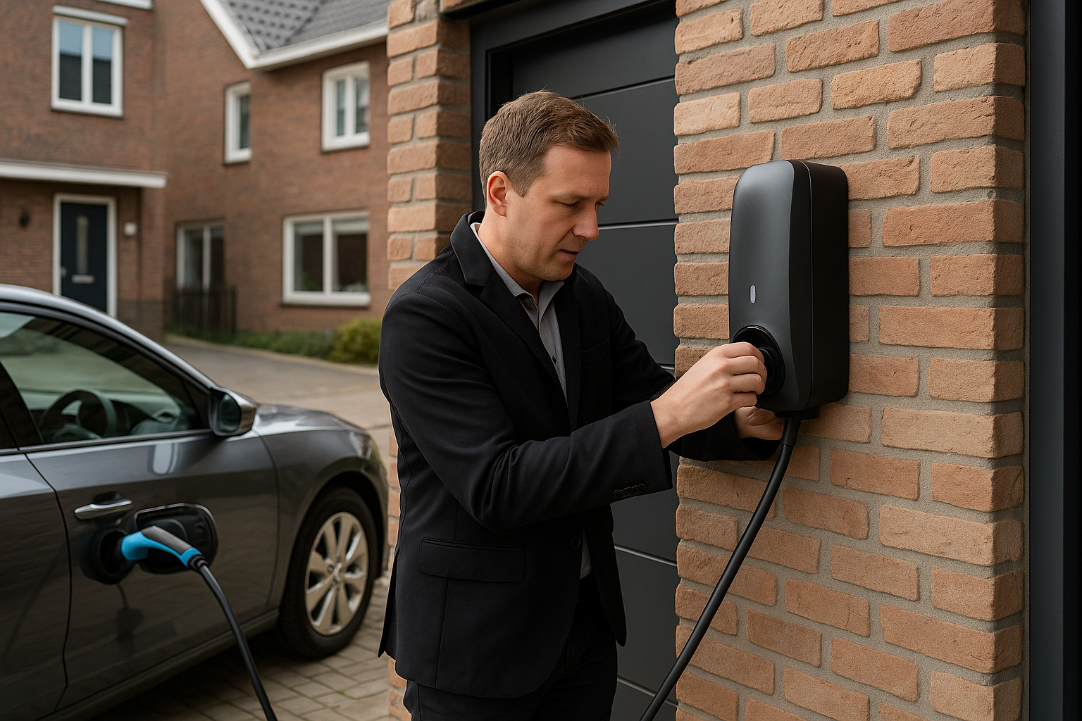 Installateur monteert laadpaal bij woning, zicht op muur- en paaloptie en kabelroute naar meterkast