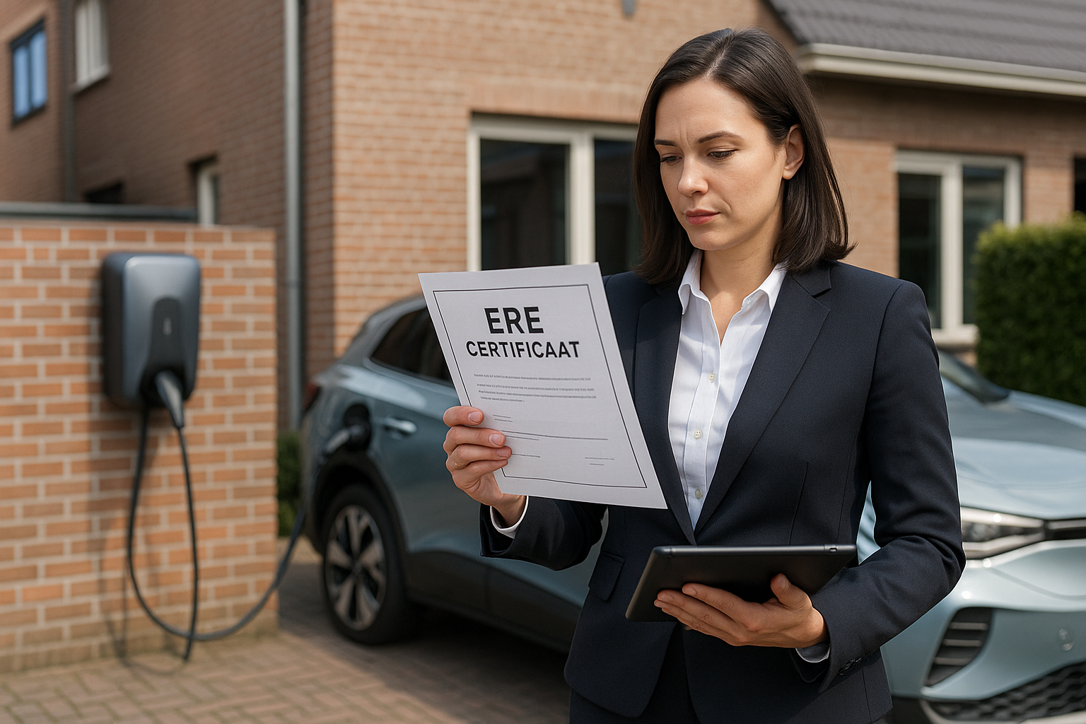 Installateur controleert laadpaal met zichtbare meter en serienummer voor ERE-aanvraag