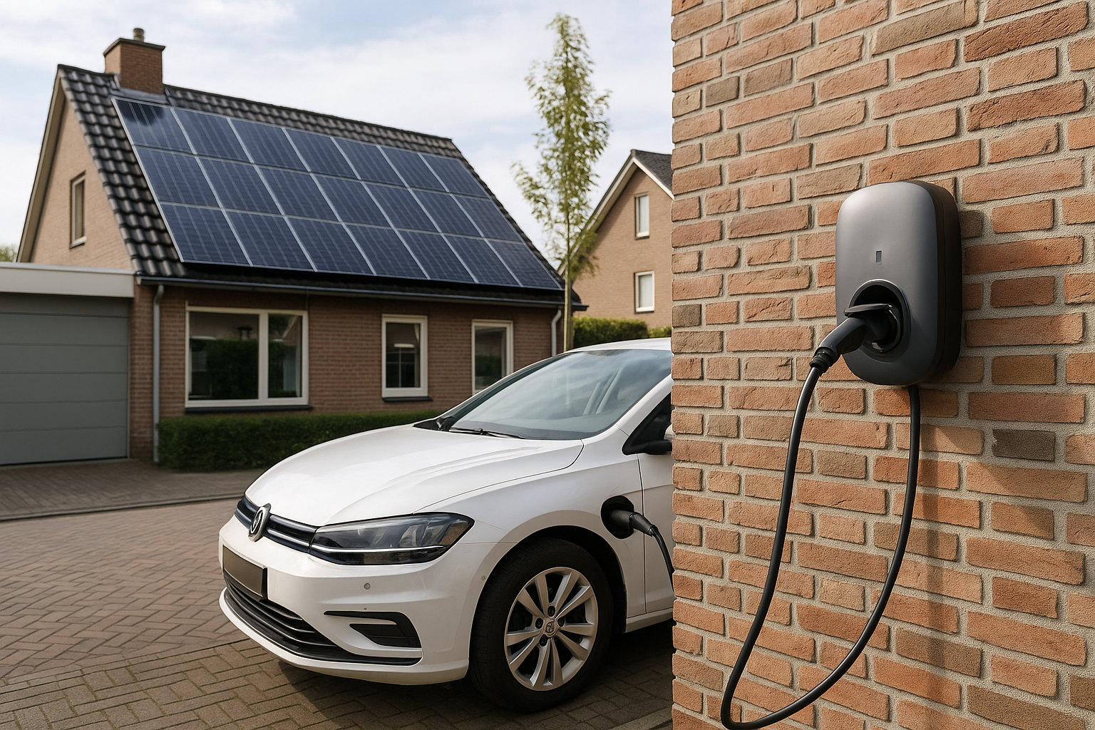 Laadpaal bij woning met zonnepanelen en grafiek op display die laadstroom en zonneproductie toont