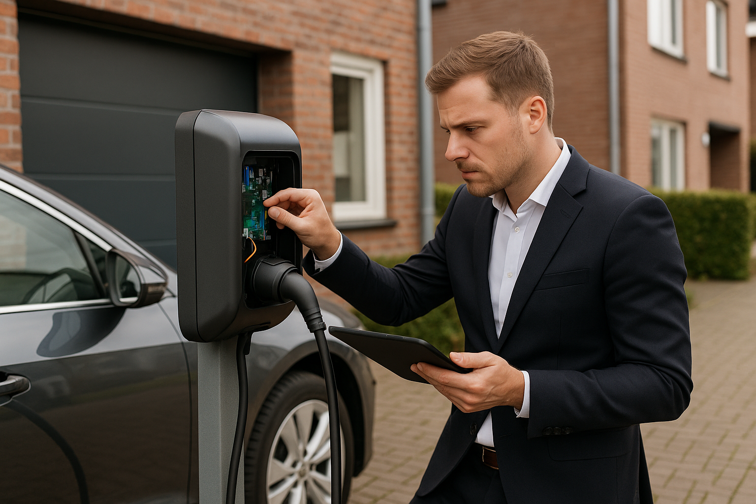 Installateur controleert laadpaal kabel, connector en meterkast tijdens troubleshooting