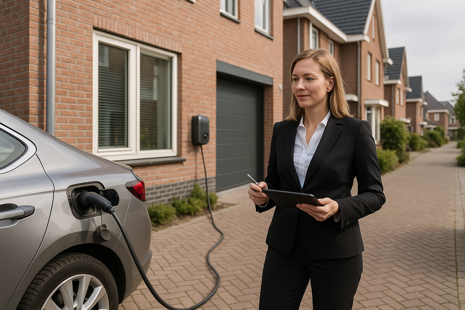 Installateur bij huis met zonnepanelen en elektrische auto, controle van laadpaal en meter