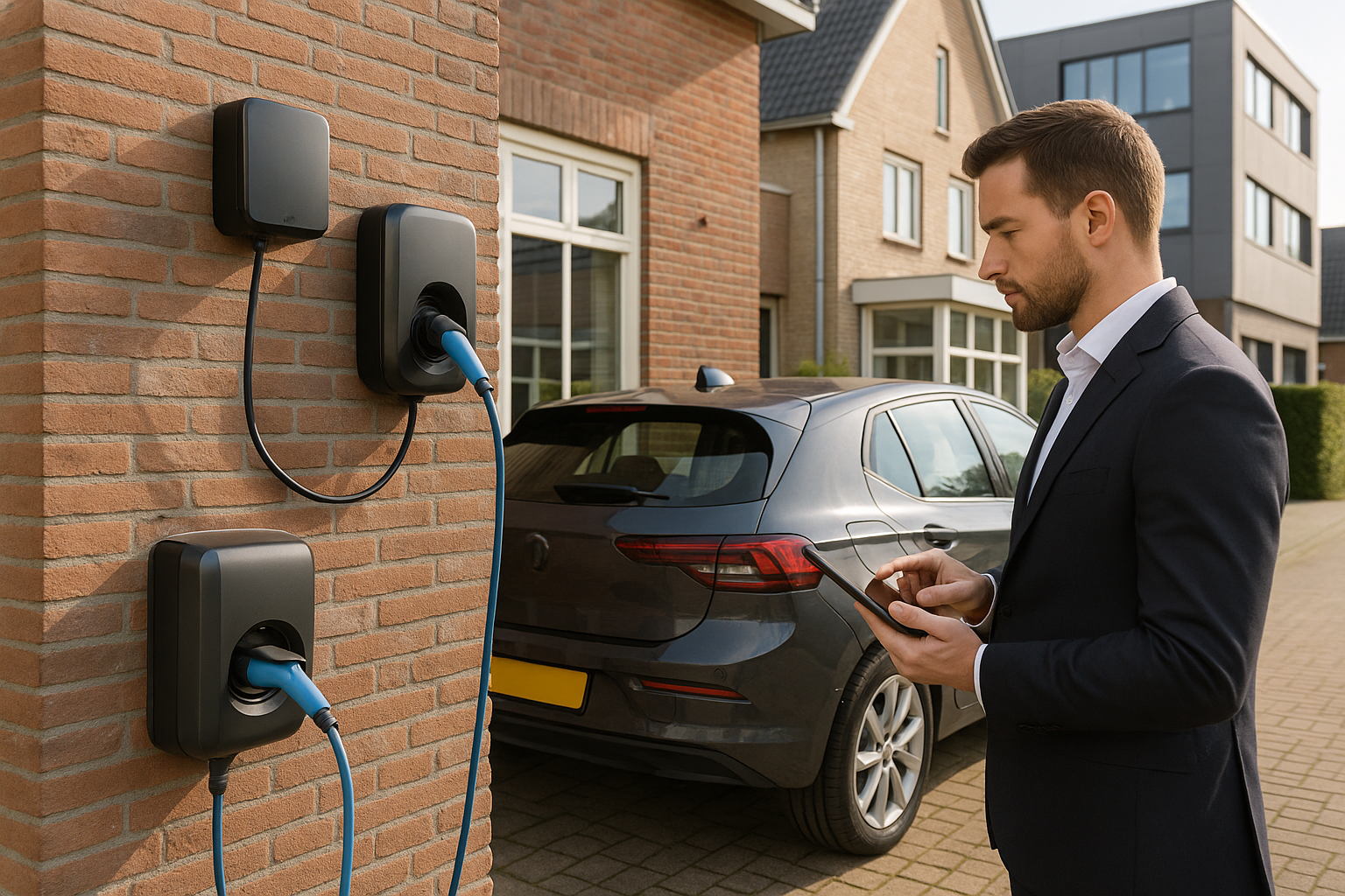 Laadpalen Peblar en NexBlue-controller bij oprit met twee EV's