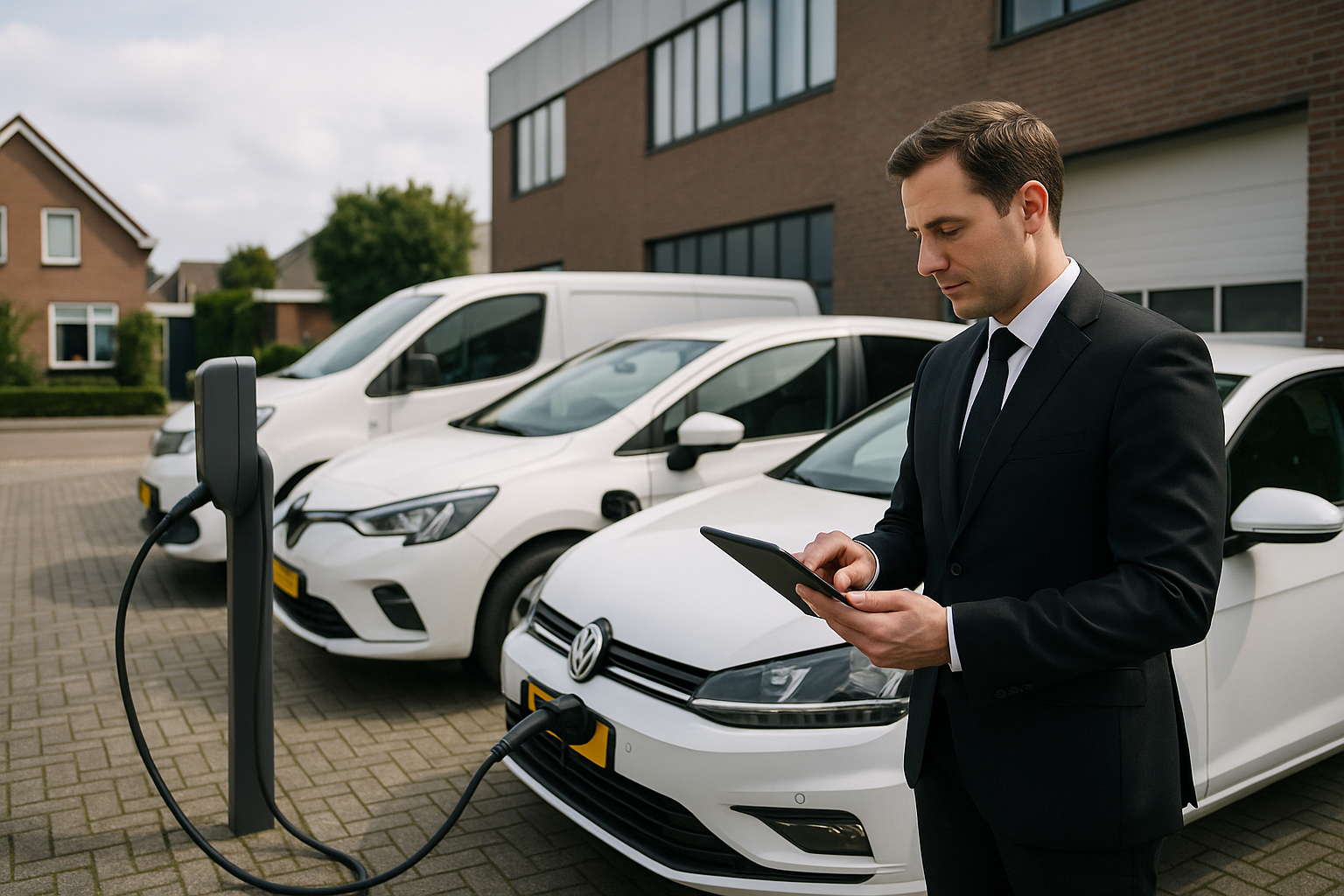 Bedrijfsparkeerplaats met verschillende laadopstellingen en installateur die terrein inspecteert