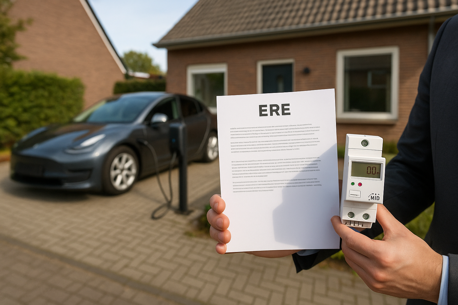 Installateur controleert ingebouwde meter van laadpaal en noteert startstand tijdens oplevering