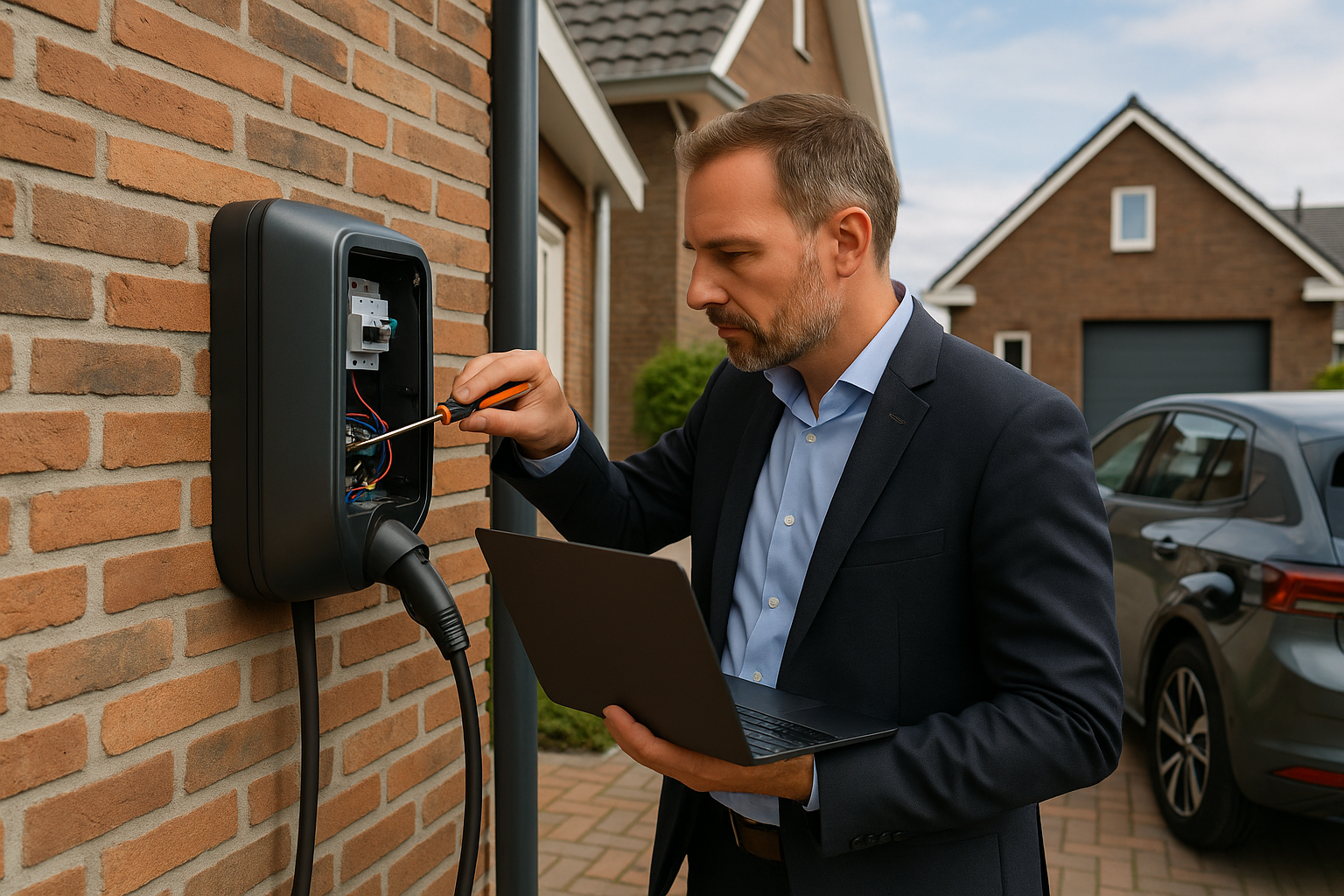 Installateur noteert foutmelding bij laadpaal, laadkabel zichtbaar