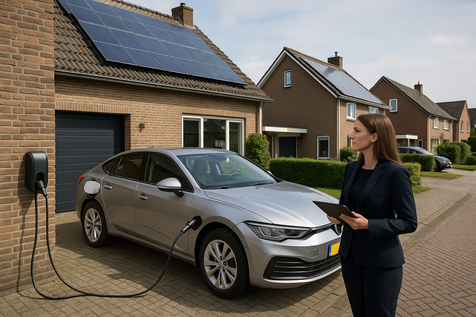 Huiseigenaar laadt elektrische auto bij laadpaal met zonnepanelen op het dak; visuele weergave van slimme laadsturing en load balancing