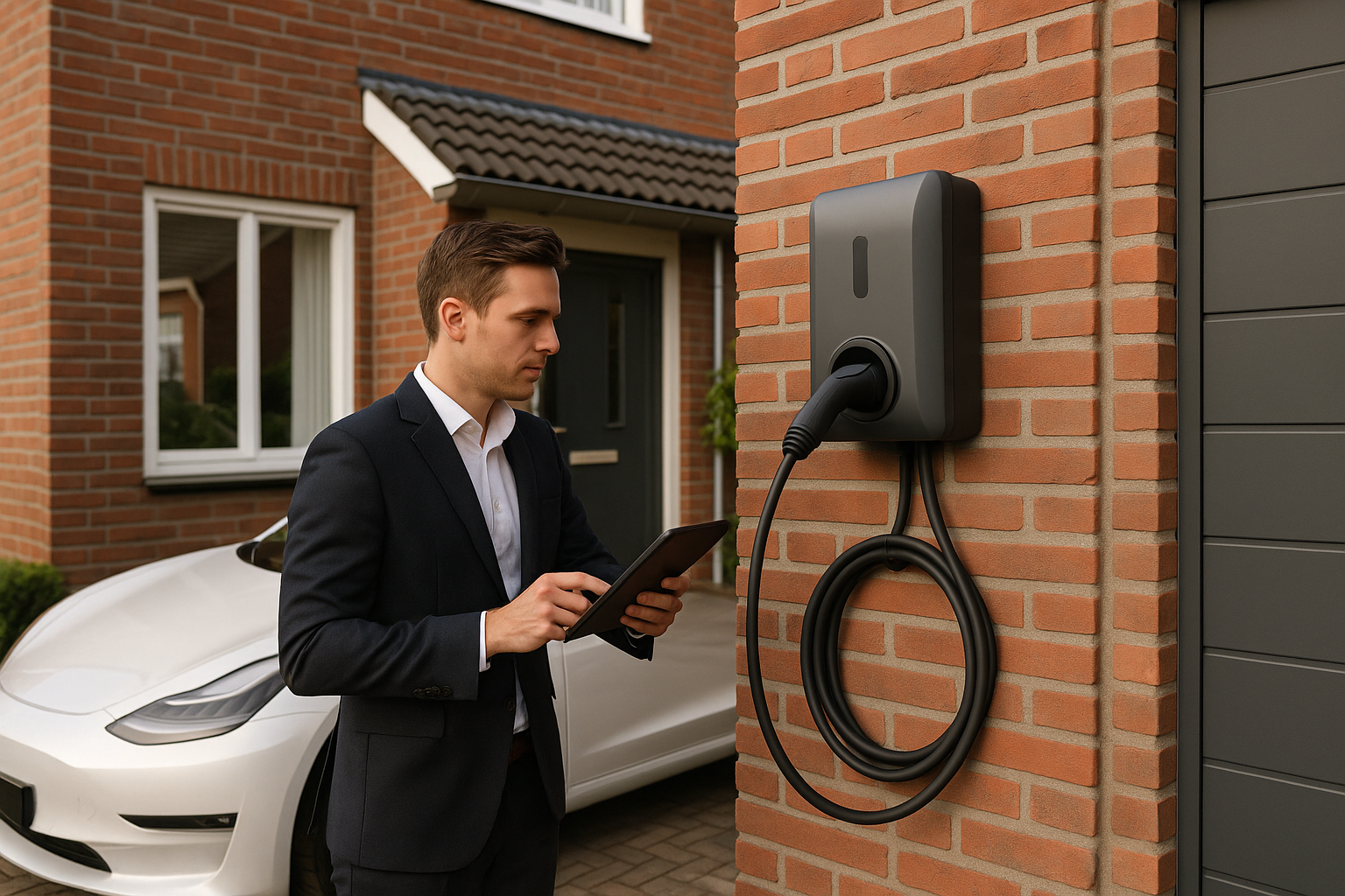 Installateur monteert laadpaal bij huis, zicht op meterkast en geparkeerde auto