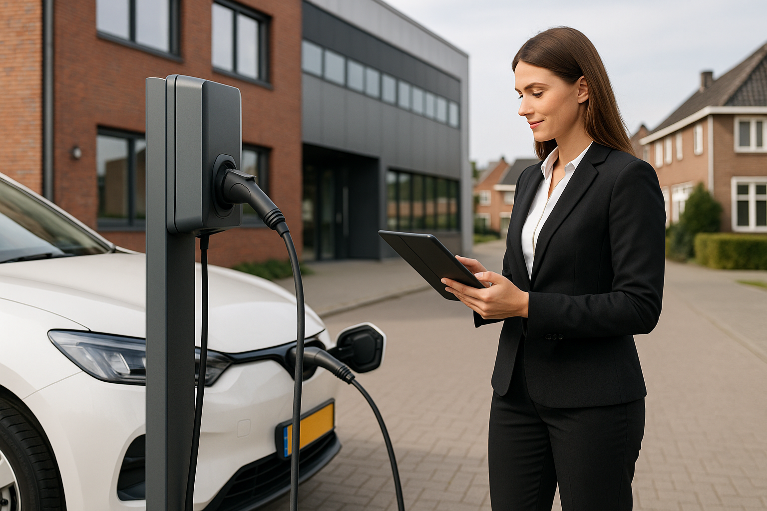 Installateur bij bedrijfsparkeerplaats naast een laadpaal met vaste kabel en een socket‑paal