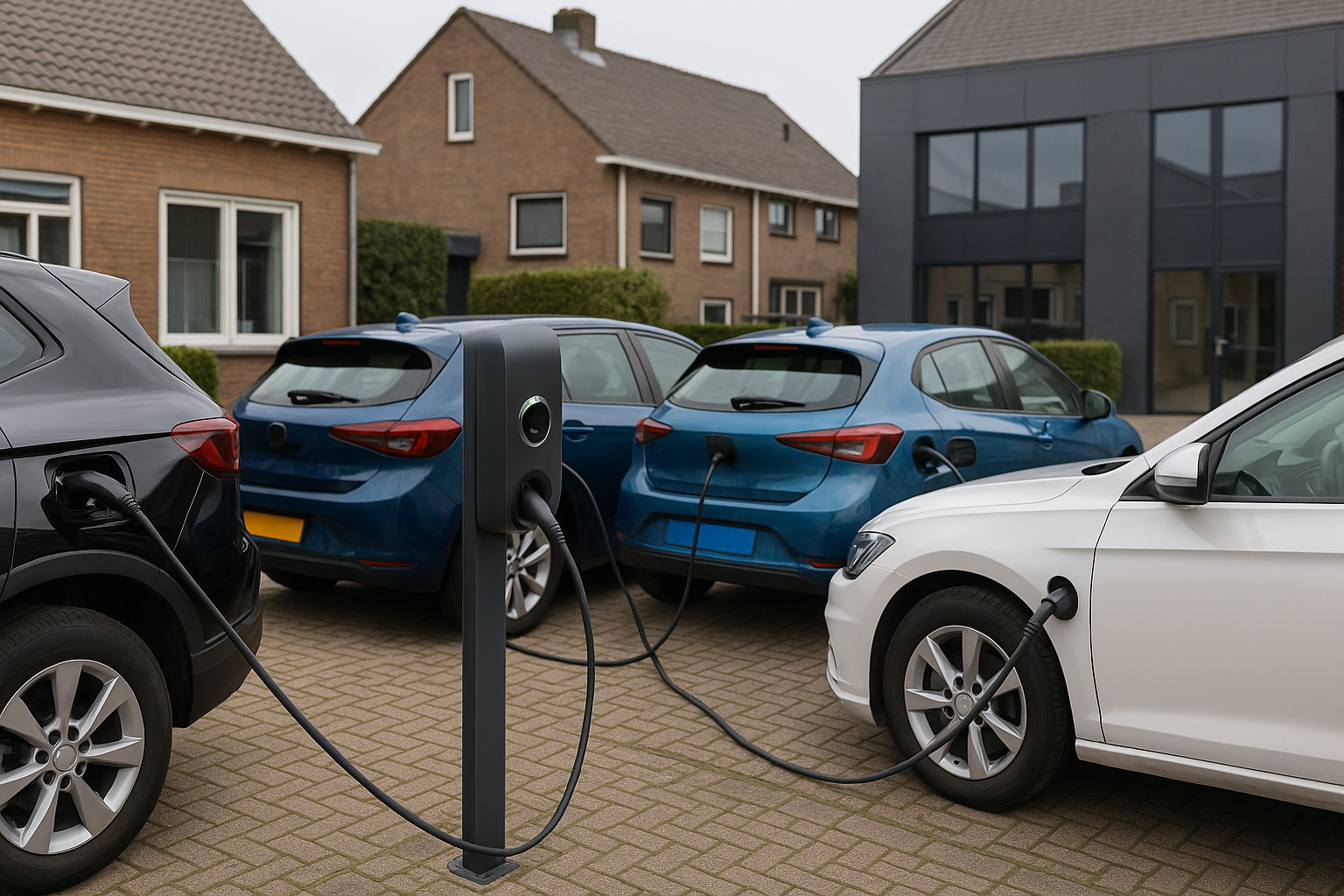 Twee elektrische auto's opladen bij Peblar-laadpalen met zicht op controller in meterkast