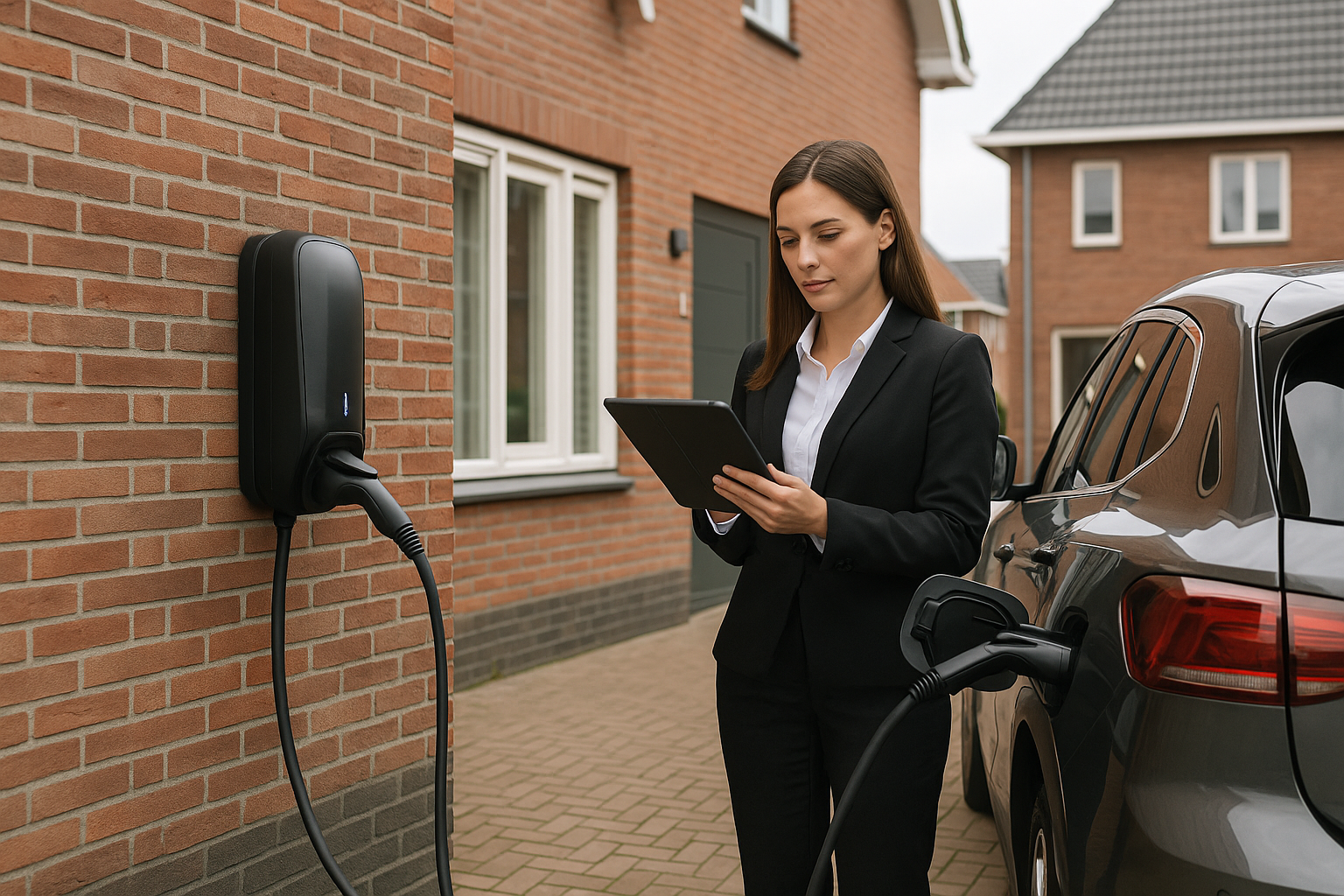 Installateur programmeert laadtijdsturing op laadpaal en NexBlue unit; scherm toont laadschema