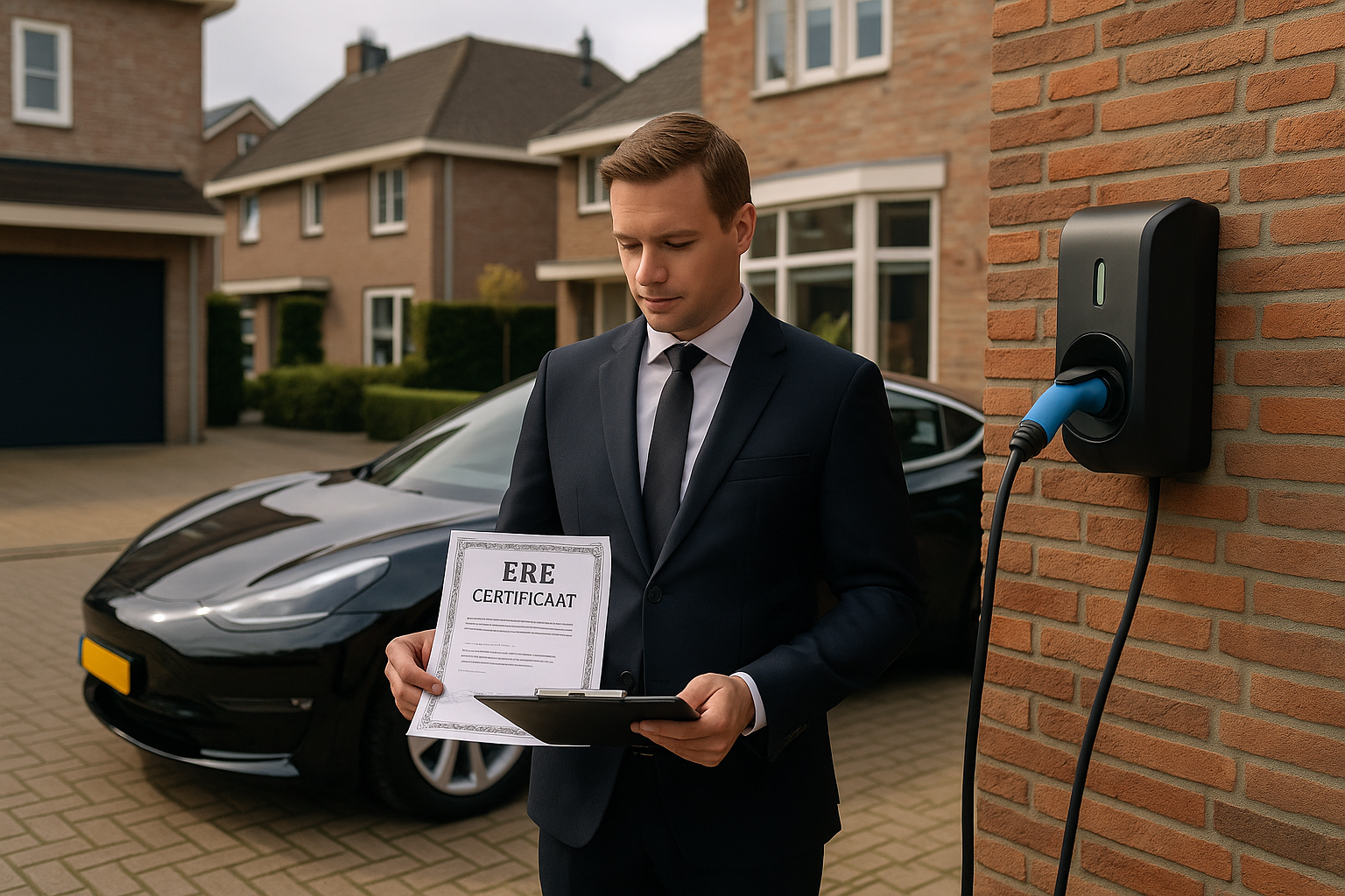 Installateur controleert laadpaal met zichtbaar meetdisplay bij zakelijke laadplek