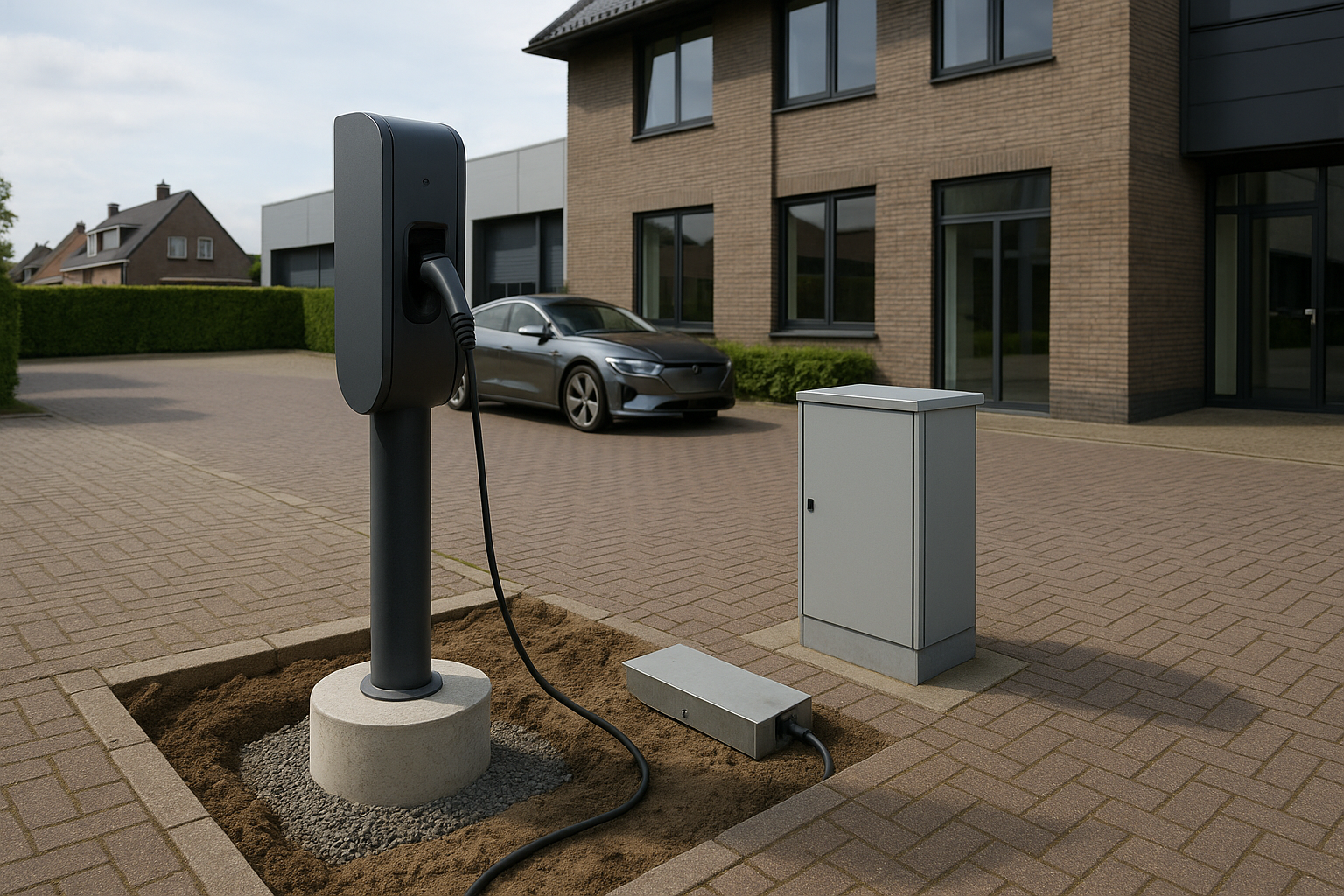 Aanleg van een zakelijke laadstraat met paal, pole base en halve kast; zichtbare fundering en kabelgoten.