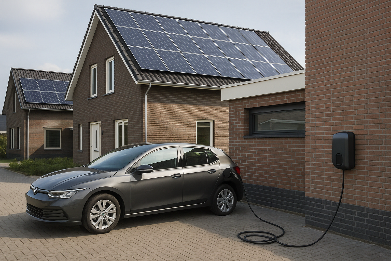 Elektrische auto aan laadpaal naast een huis met zonnepanelen op het dak tijdens zonnige dag