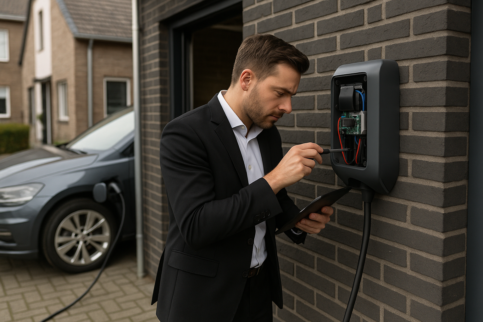 Installateur controleert laadpaal en kabel met meetinstrument naast geparkeerde elektrische auto