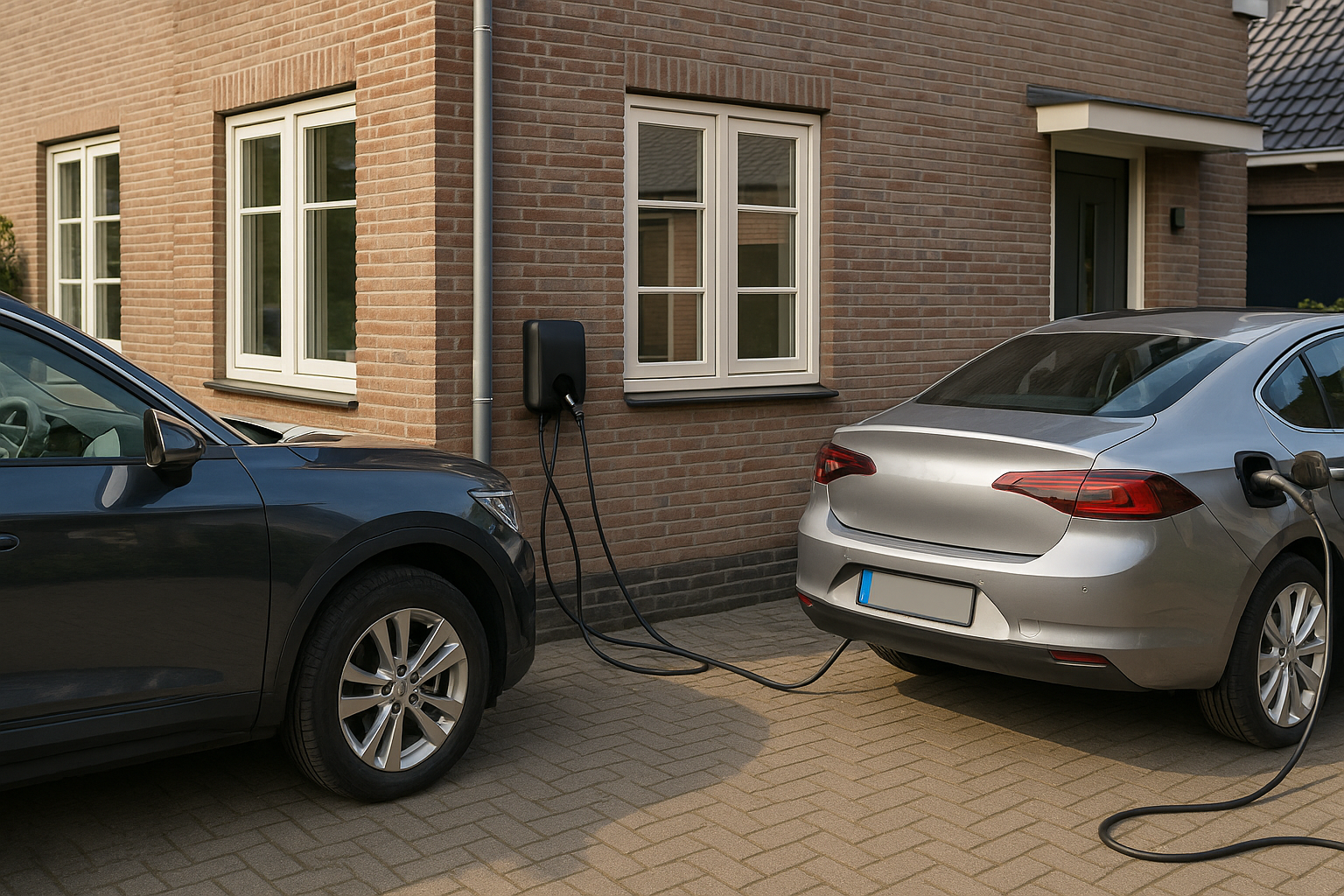 Oprit met twee elektrische auto's, Peblar Dual aan de muur, Peblar Paal, installateur bekijkt meterkast