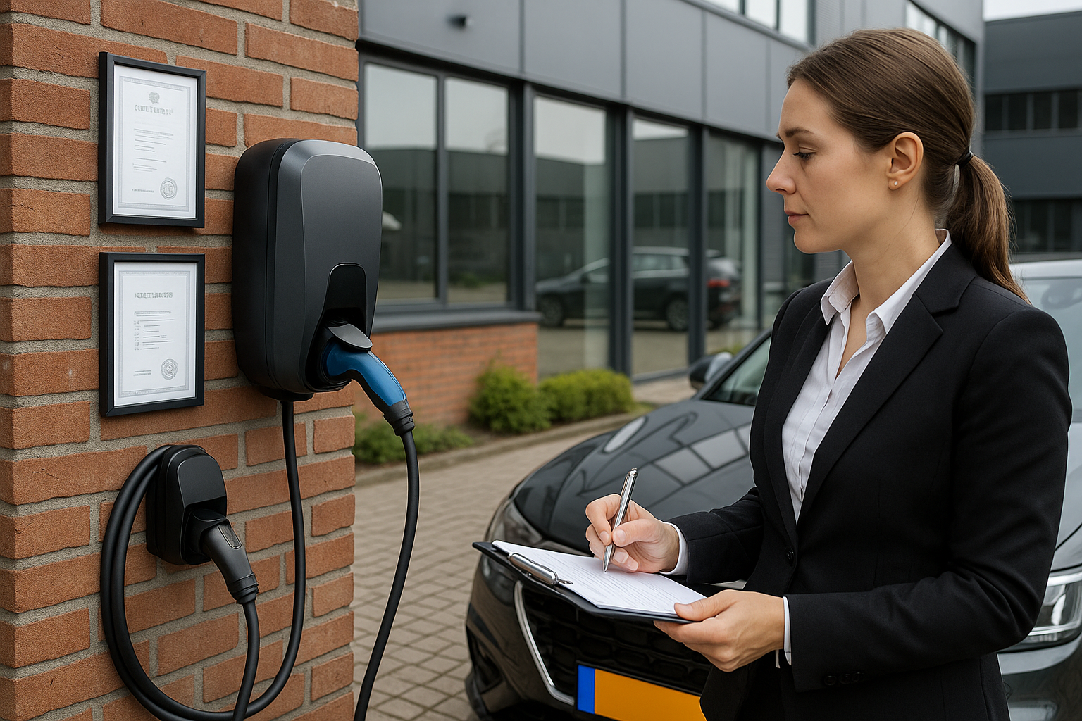Technicus met checklist bij zakelijke laadpaal en meter