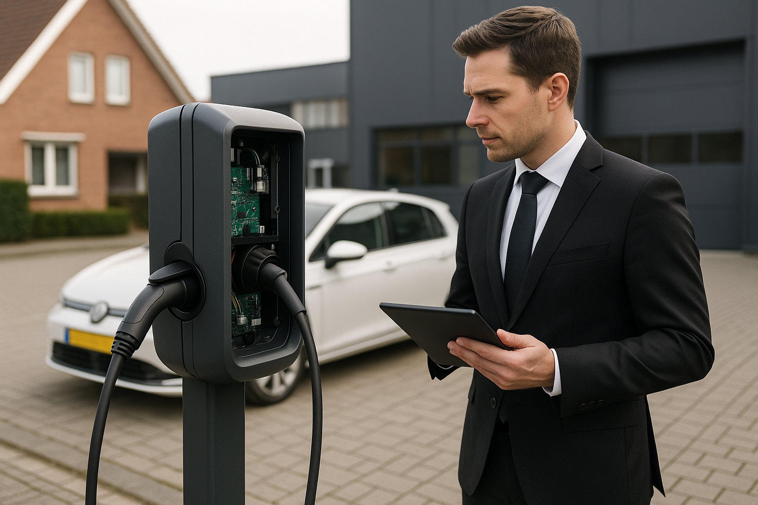 Technicus controleert kabel en connector van een zakelijke laadpaal en noteert bevindingen in een logboek