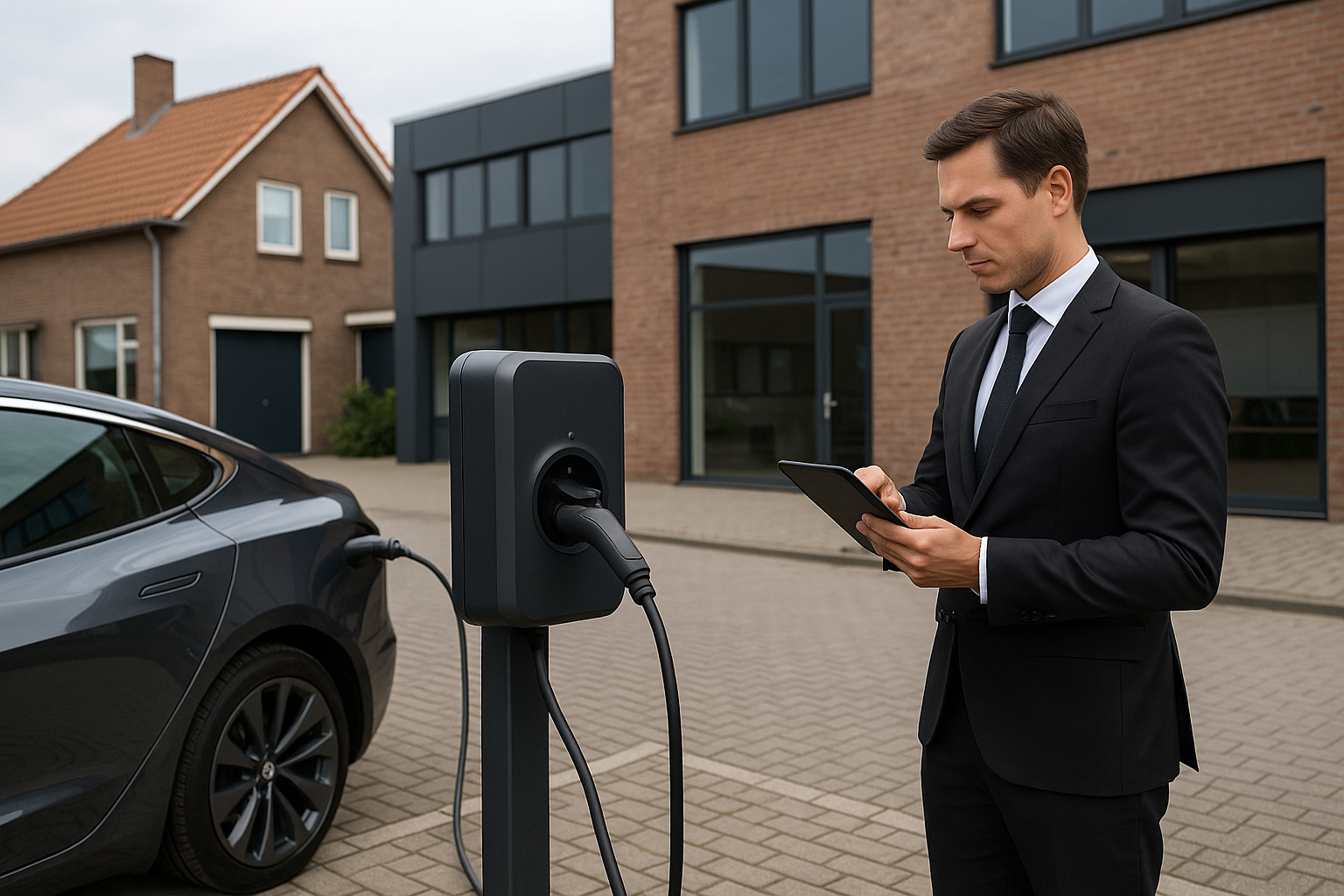 Installateur bij zakelijke laadpaal wijst op laadkabel en meter