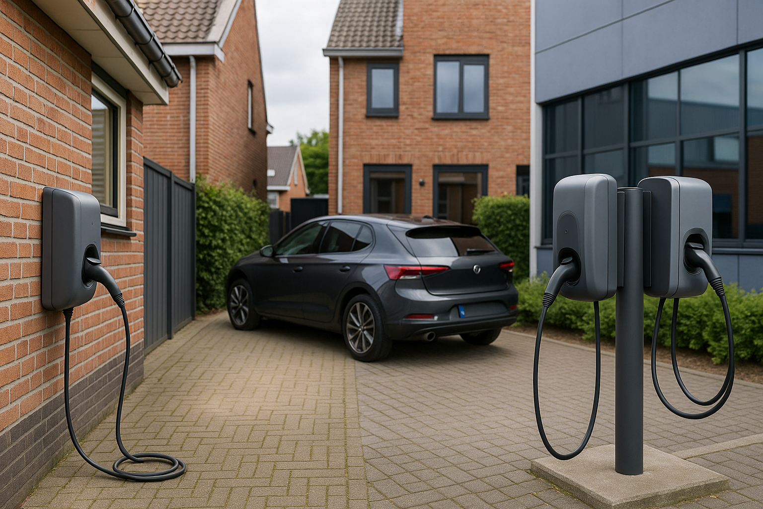 Vergelijking van muurmontage, paalmontage en dubbele laadpaal bij een parkeerplaats