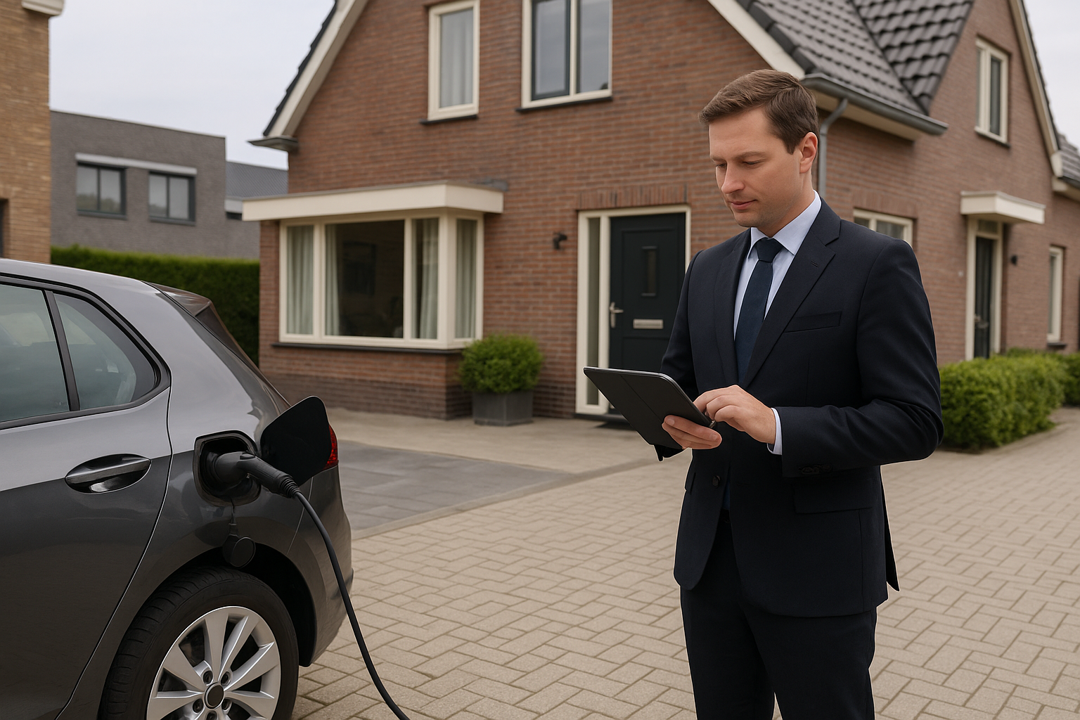 Huiseigenaar stelt dynamische laadinstellingen in op laadpaal-app met huis en laadpaal op de achtergrond