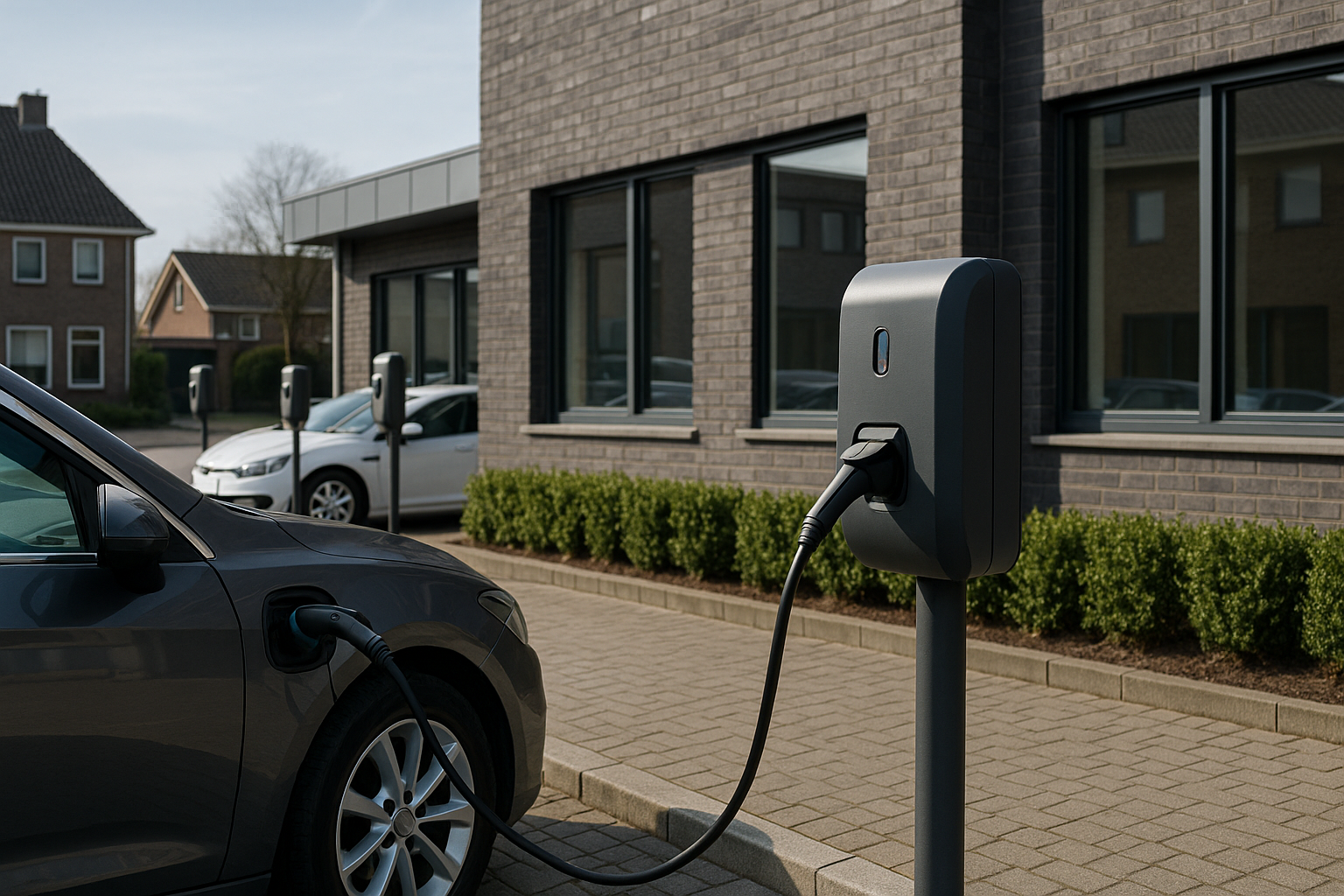 Zakelijke parkeerplaats met één en meerdere laadpalen en installateur die inspecteert