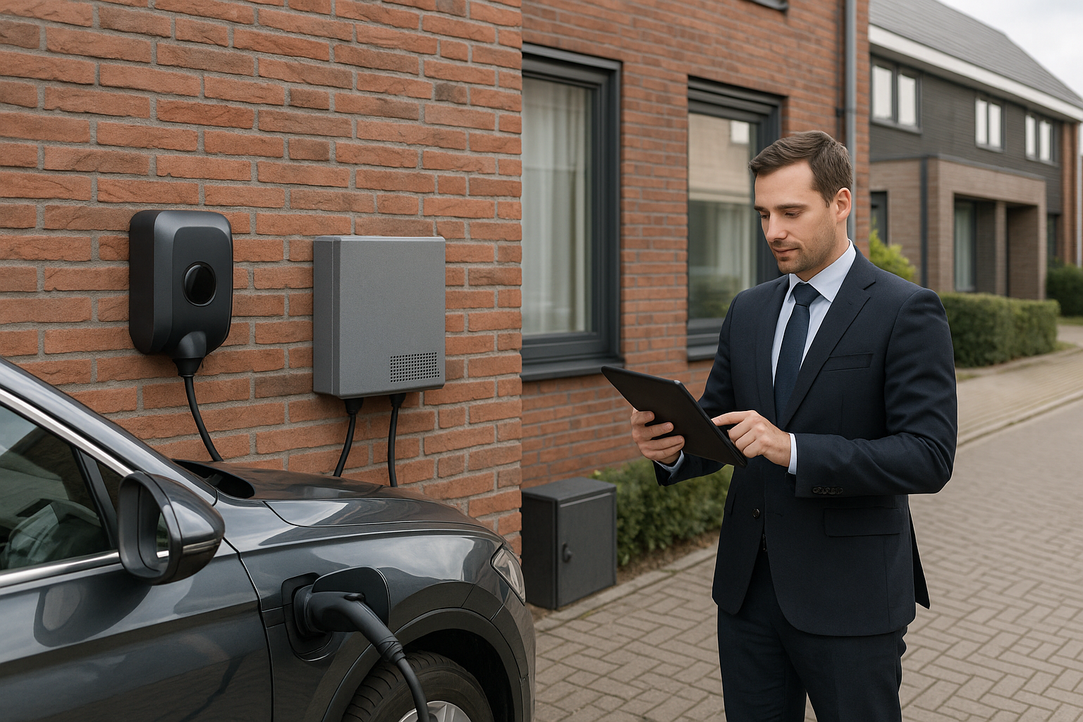 Parkeerterrein met meerdere Peblar-laadpalen en een verdeelkast met NexBlue Edge Max