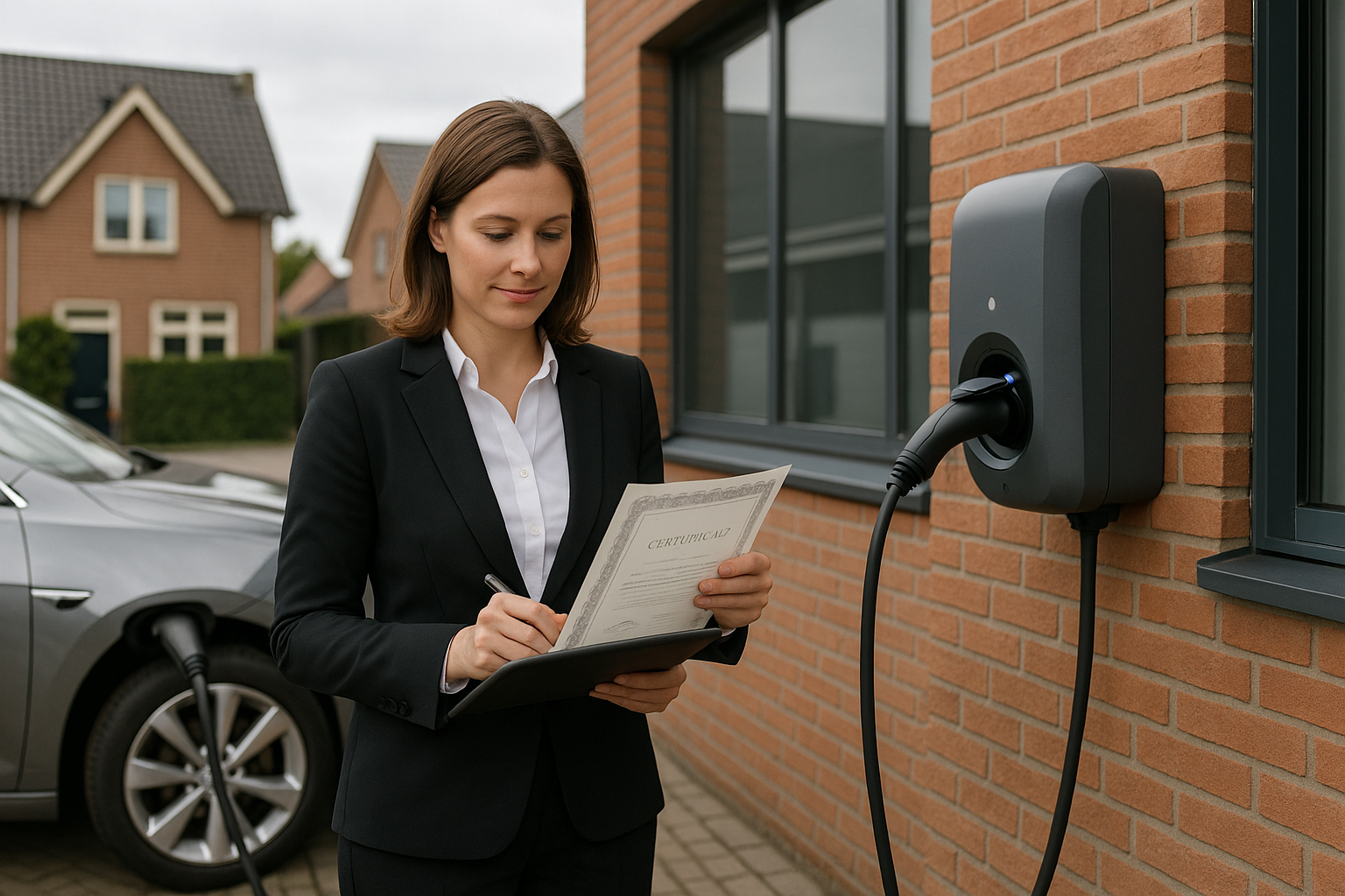 Installateur inspecteert Peblar laadpaal met laadkabel en meterdisplay