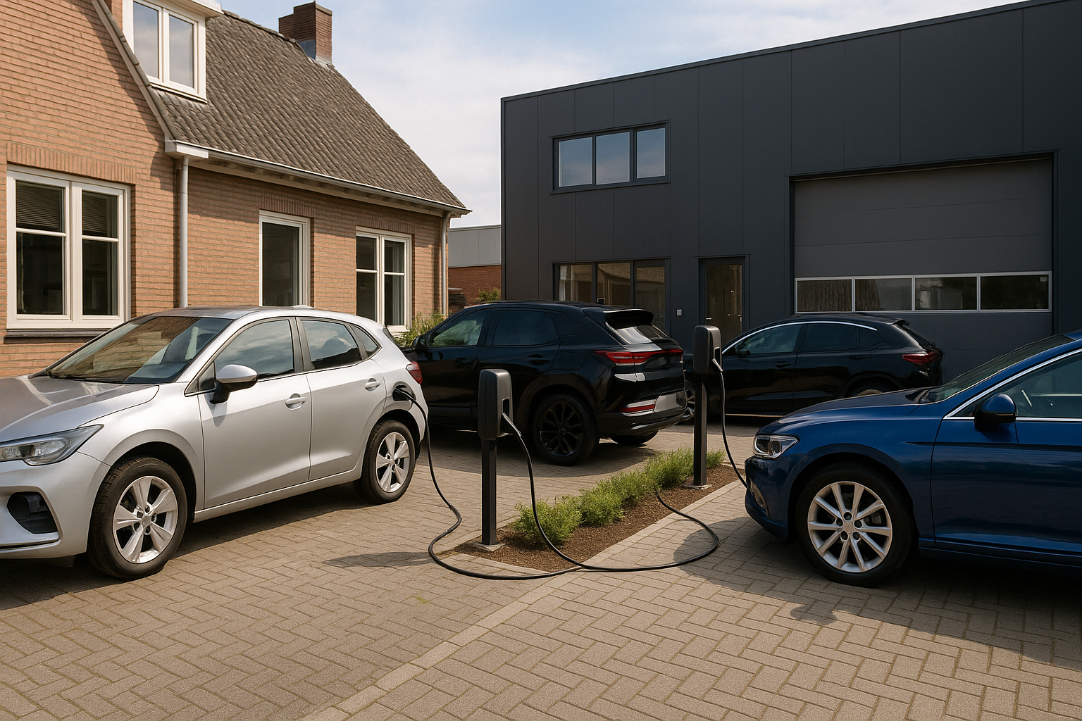 Meerdere elektrische auto's bij laadpalen, installateur wijst naar laadpunten en legt opstelling uit
