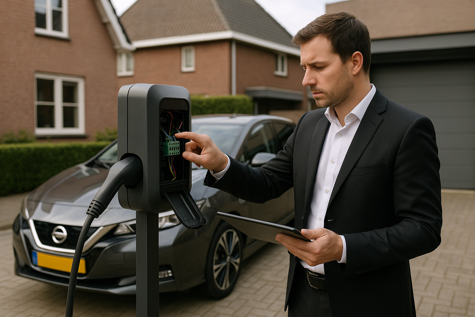 Installateur inspecteert laadpaal en meterkast, houdt checklist vast en controleert laadkabel