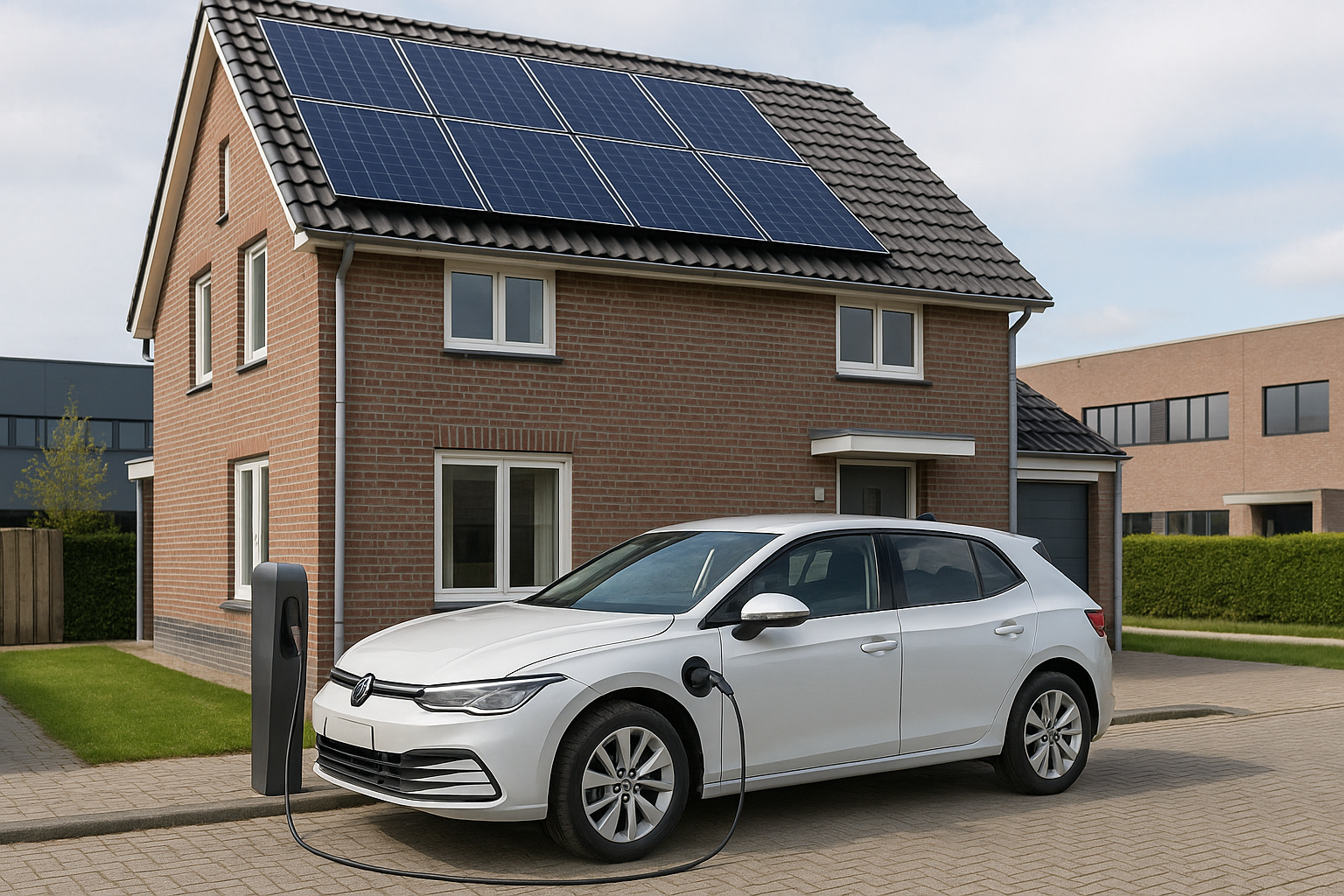 Huis met zonnepanelen en elektrische auto aan laadpaal, installateur controleert laadsturing
