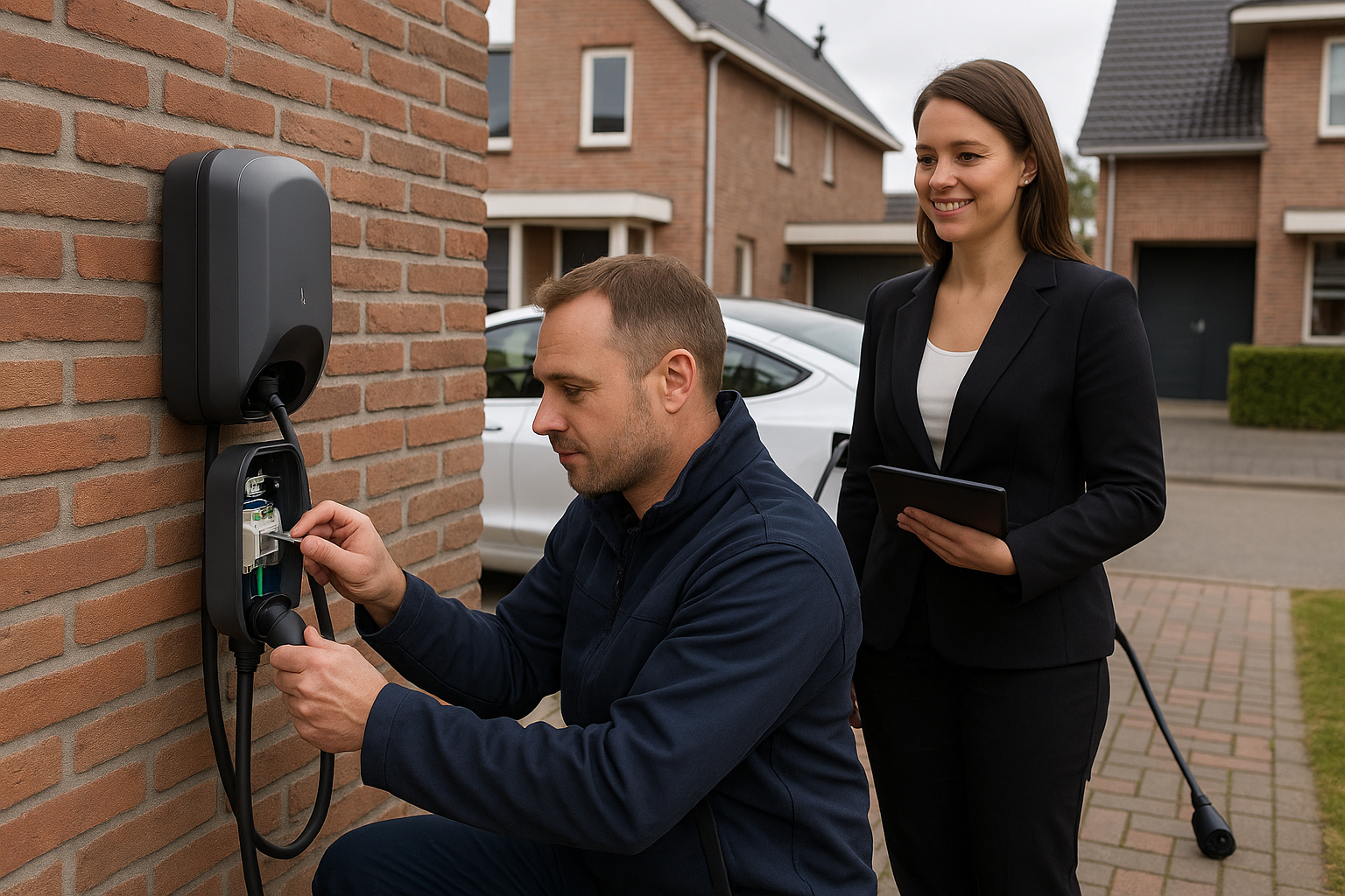 Installateur wijst naar meterkast en mogelijke kabelroute naar laadpaal bij een huiselijke oprit.