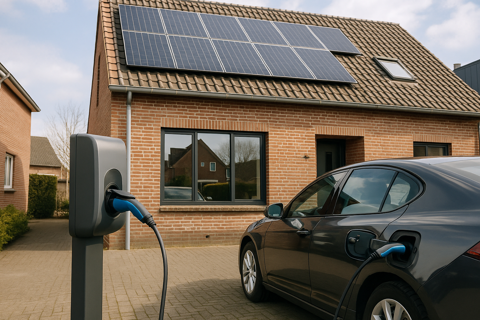 Laadpaal naast woning met zonnepanelen op dak en laadstatus zichtbaar