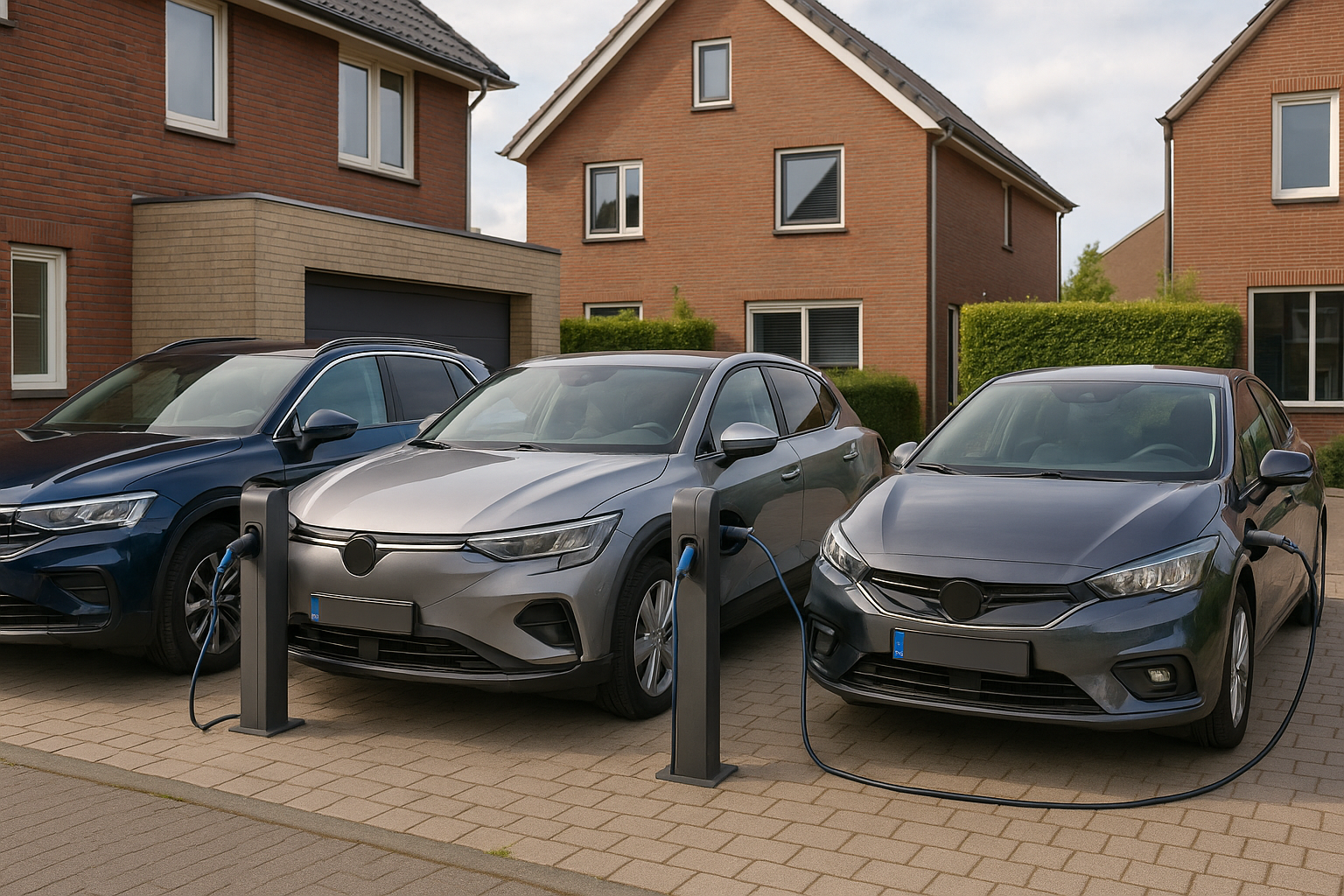 Parkeerplaats met meerdere laadpalen en een kast met load balancing, vermogen verdeeld tussen laadpunten
